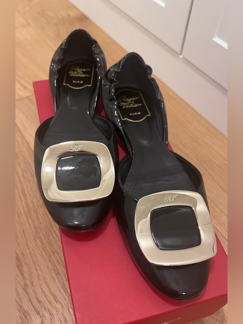 Roger Vivier Black Patent Leather Square Buckle Flats